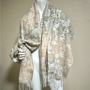 Aurora Paci Italia Reversible Floral Shawl Scarf Beige Gray Fringe Soft Wrap